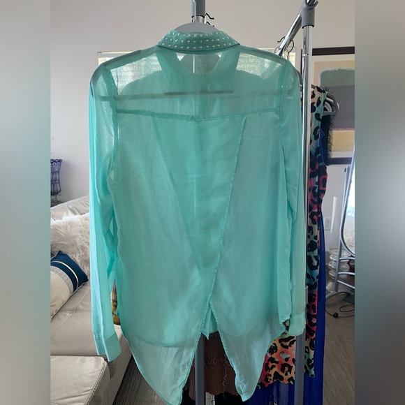 Sheer long sleeved button down blouse with pearl collar, aqua, large - Picture 3 of 3